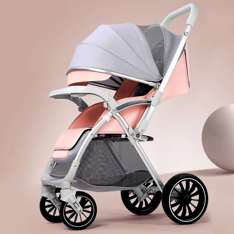 Bi-directional High Landscape Baby Stroller Can Sit or Lie Down Four Wheel Shock Absorber Stroller Lightweight Foldable Handcart