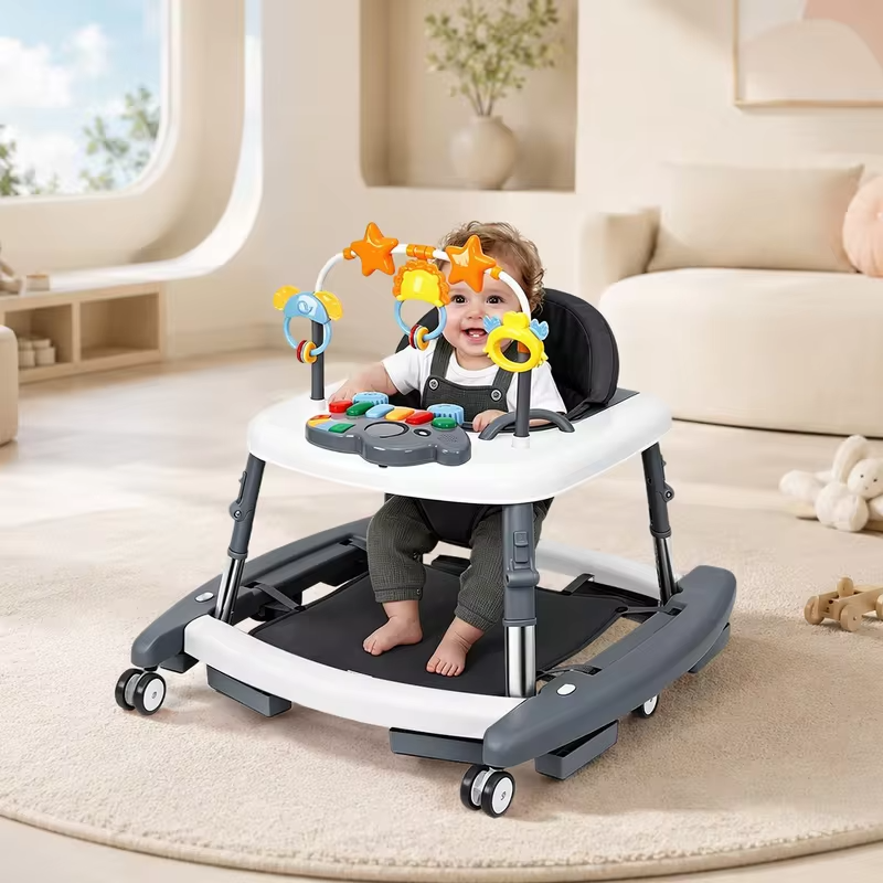 Baby Walker Adjustable Height Walker for Babies with Music Interactive Activity Tray Stable Wide Base and Comfortable High-Back Seat 2-in-1 Baby Walker and Activity Center with Adjustable Height