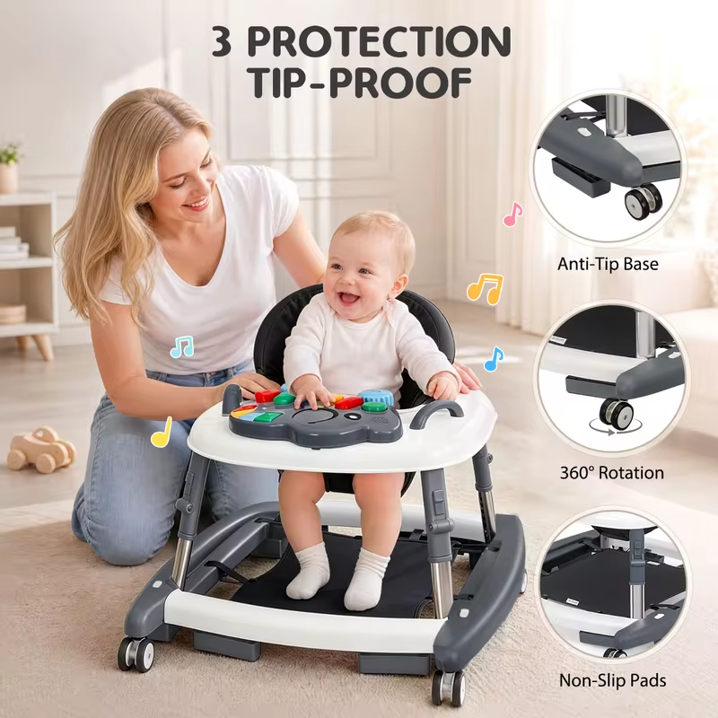 Baby Walker Adjustable Height Walker for Babies with Music Interactive Activity Tray Stable Wide Base and Comfortable High-Back Seat 2-in-1 Baby Walker and Activity Center with Adjustable Height