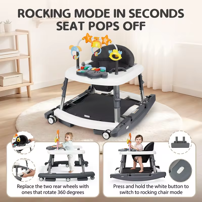 Baby Walker Adjustable Height Walker for Babies with Music Interactive Activity Tray Stable Wide Base and Comfortable High-Back Seat 2-in-1 Baby Walker and Activity Center with Adjustable Height