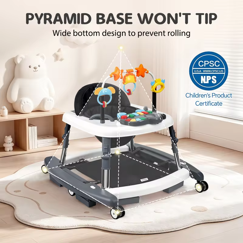 Baby Walker Adjustable Height Walker for Babies with Music Interactive Activity Tray Stable Wide Base and Comfortable High-Back Seat 2-in-1 Baby Walker and Activity Center with Adjustable Height