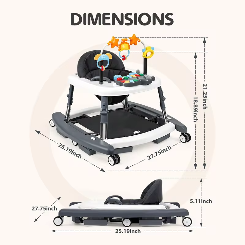 Baby Walker Adjustable Height Walker for Babies with Music Interactive Activity Tray Stable Wide Base and Comfortable High-Back Seat 2-in-1 Baby Walker and Activity Center with Adjustable Height