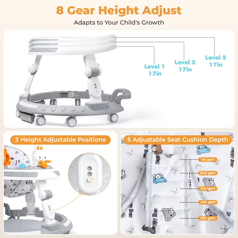 Safety-Enhanced 4-In-1 Grow-With-Me Baby Walker & Play Center - Adjustable 8 Heights, Anti-Tip Base, 8 Silent Brake Wheels