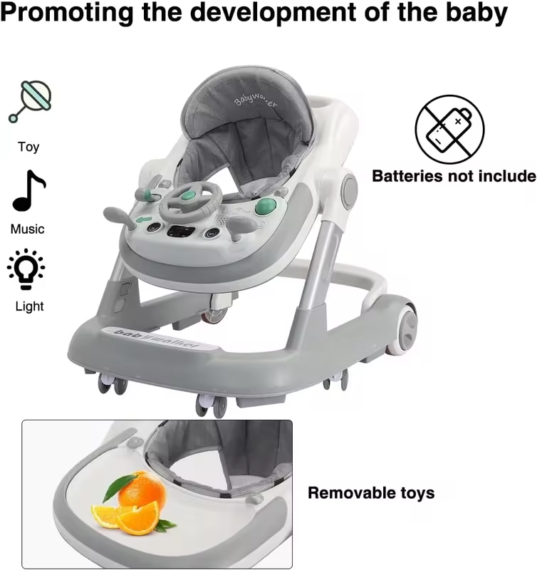 2 in 1 Baby Walker, Toddler Baby Push Walker with Removable Feeding Tray and Music Tray(Without Battery), Activity Walker