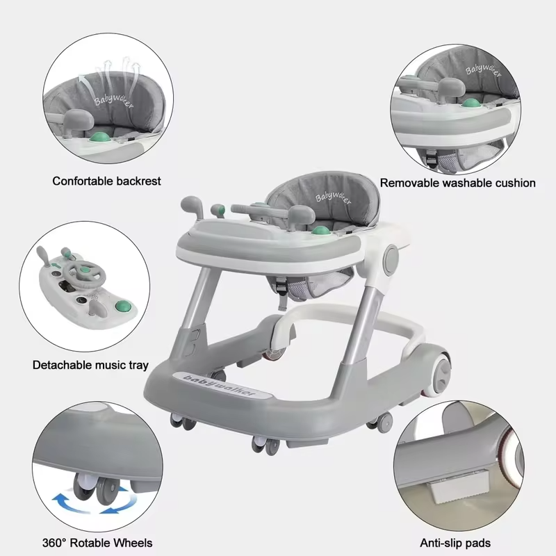 2 in 1 Baby Walker, Toddler Baby Push Walker with Removable Feeding Tray and Music Tray(Without Battery), Activity Walker