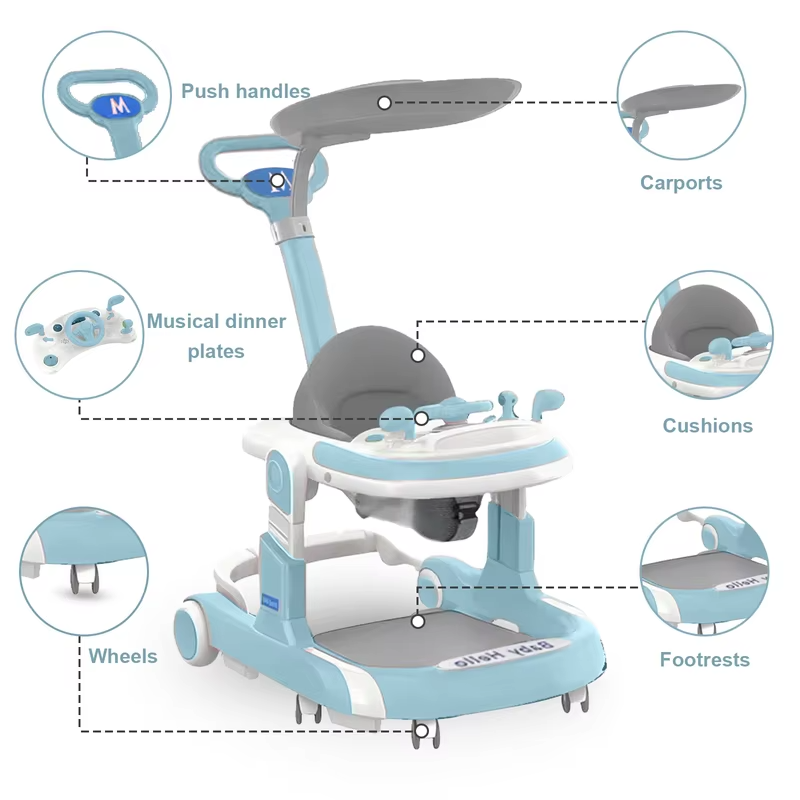 4 in 1 Baby Walker Toddler Baby Push Walker with Sunshade, Removable Feeding Tray and Music Tray Foldable Walker