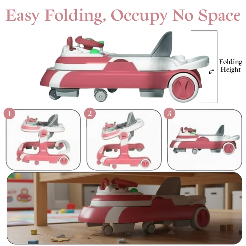 4 in 1 Baby Walker Toddler Baby Push Walker with Sunshade, Removable Feeding Tray and Music Tray Foldable Walker