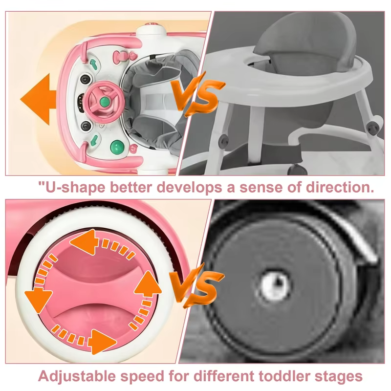 4 in 1 Baby Walker Toddler Baby Push Walker with Sunshade, Removable Feeding Tray and Music Tray Foldable Walker