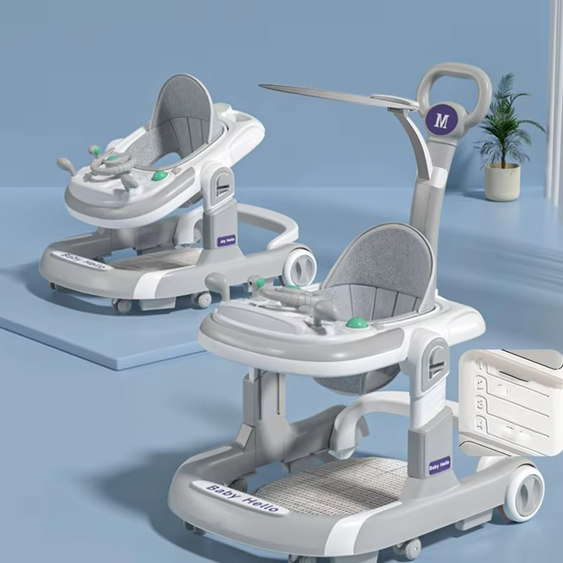 4 in 1 Baby Walker Toddler Baby Push Walker with Sunshade, Removable Feeding Tray and Music Tray Foldable Walker