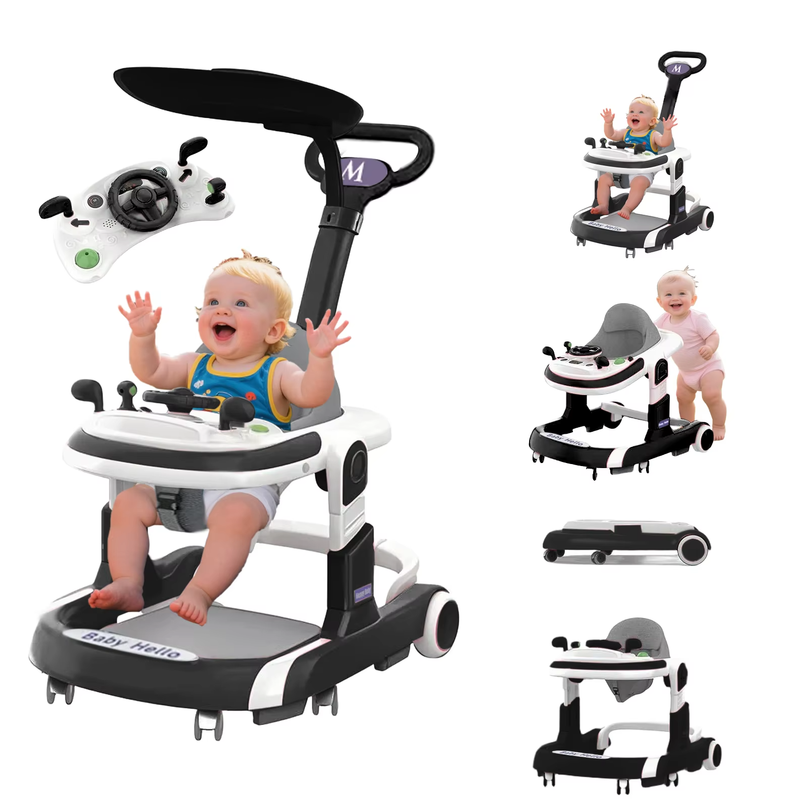 4 in 1 Baby Walker Toddler Baby Push Walker with Sunshade, Removable Feeding Tray and Music Tray Foldable Walker