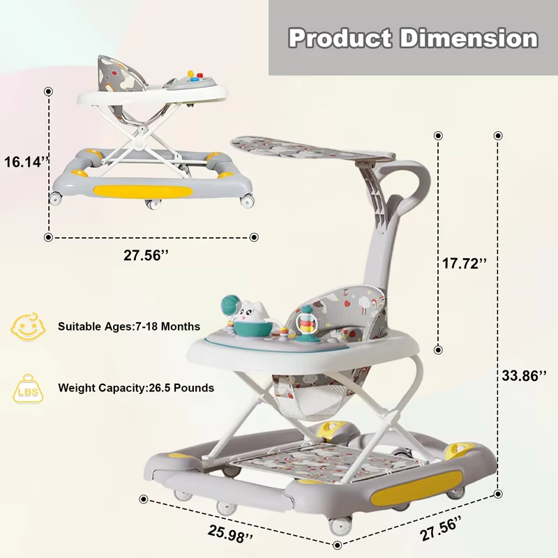 Baby Multi-Functional Comfortable Walker With Awning Anti-Rollover Baby Walker Adjust And Shake The Walker For Boy Girls