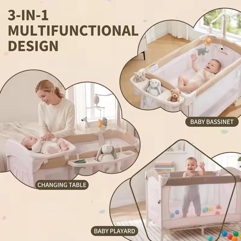 5-in-1 Playard for Babies with Bassinet, Changing Station,Portable Crib & Playpen, Breathable Mesh,Firm Mattress & One-Hand Fold