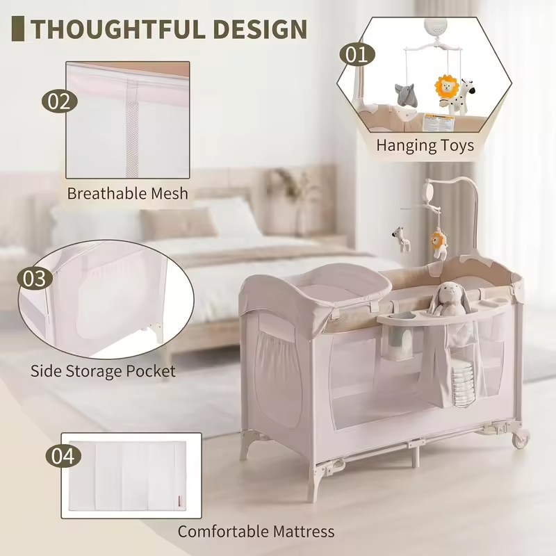 5-in-1 Playard for Babies with Bassinet, Changing Station,Portable Crib & Playpen, Breathable Mesh,Firm Mattress & One-Hand Fold