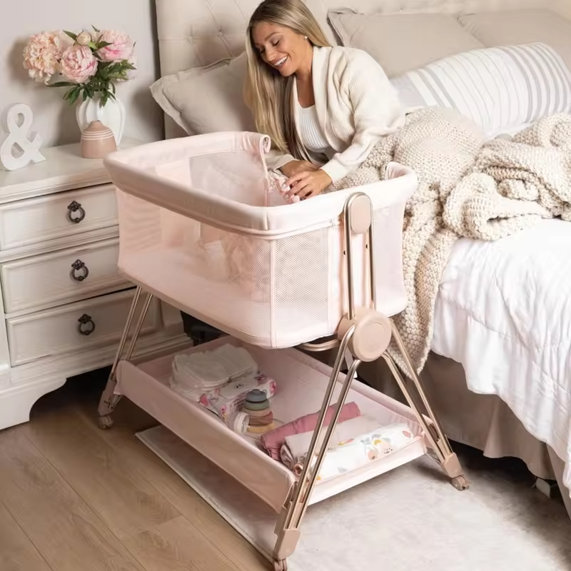 Baby Bedside Sleeper Bassinet Adjustable Height Portable Crib with Wheels Attachable to Bed Folding Travel Bed for Newborns