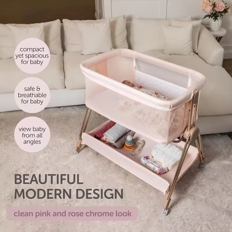 Baby Bedside Sleeper Bassinet Adjustable Height Portable Crib with Wheels Attachable to Bed Folding Travel Bed for Newborns