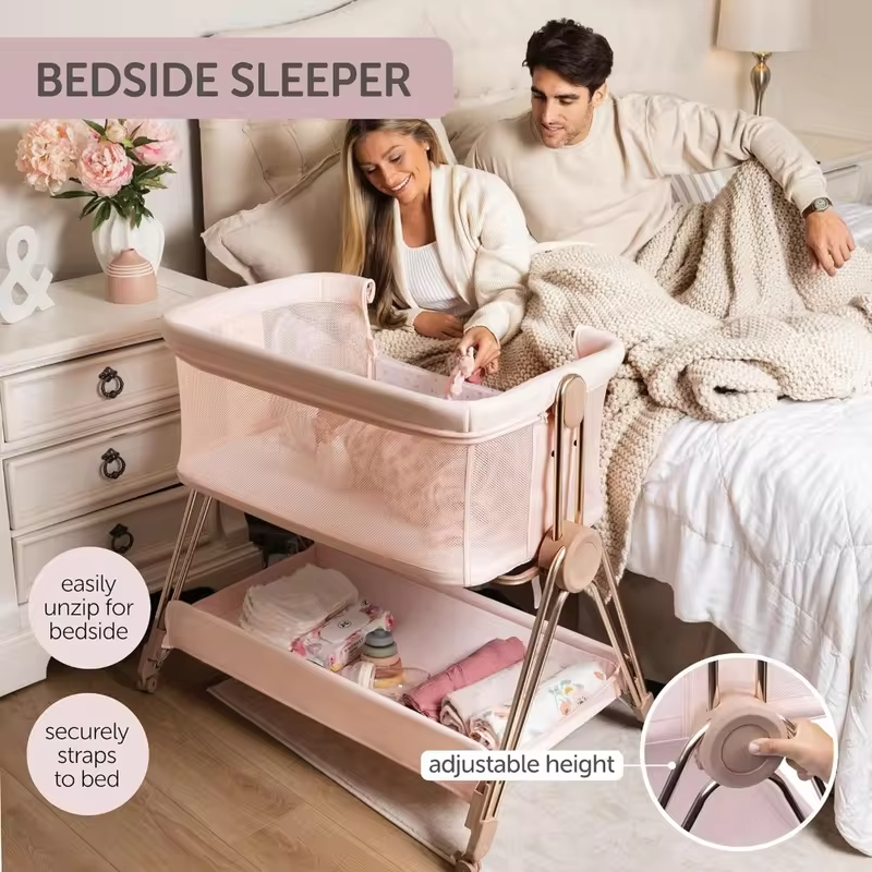 Baby Bedside Sleeper Bassinet Adjustable Height Portable Crib with Wheels Attachable to Bed Folding Travel Bed for Newborns
