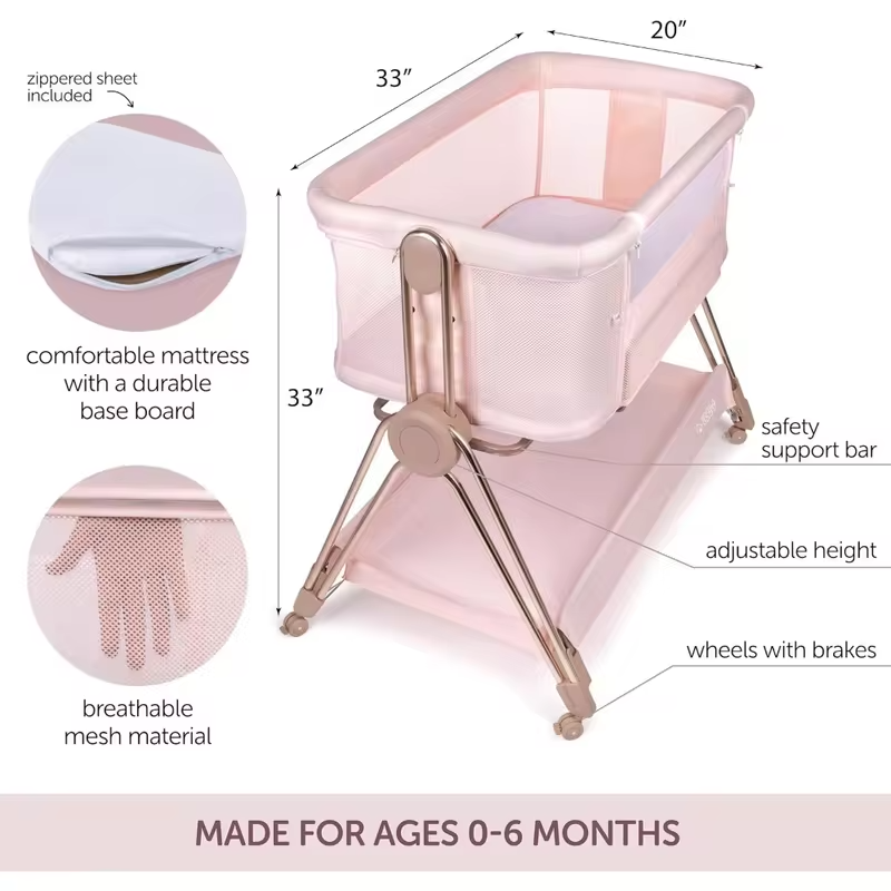 Baby Bedside Sleeper Bassinet Adjustable Height Portable Crib with Wheels Attachable to Bed Folding Travel Bed for Newborns