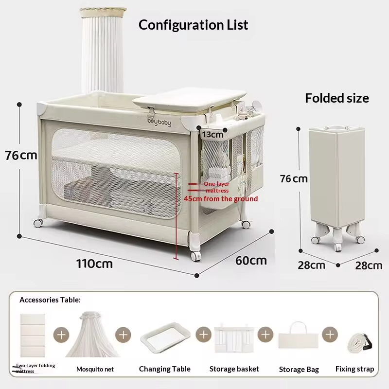 Newborn Baby Crib Portable Foldable Multifunctional Bed Joinable Parent's Bed Solid Pattern Rectangular Shape Baby-soothing
