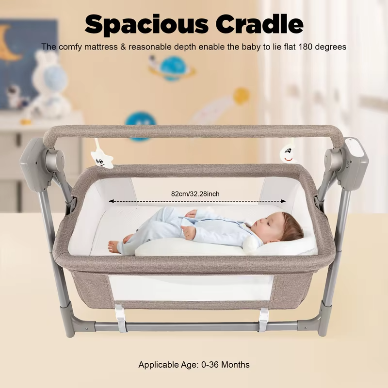 Baby Cradle Swing with Music, 5 Speed Electric Crib Auto Rocking Chair Bed, Foldable Baby Rocker for 0-36 Months, Khaki