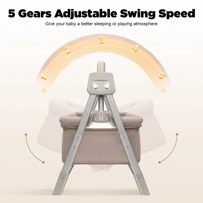 Baby Cradle Swing with Music, 5 Speed Electric Crib Auto Rocking Chair Bed, Foldable Baby Rocker for 0-36 Months, Khaki
