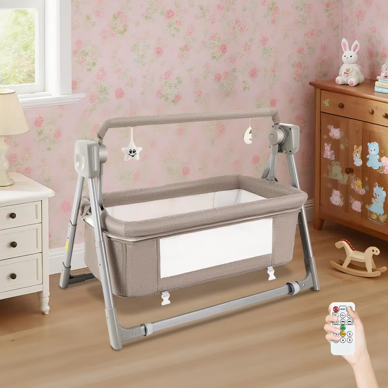 Baby Cradle Swing with Music, 5 Speed Electric Crib Auto Rocking Chair Bed, Foldable Baby Rocker for 0-36 Months, Khaki