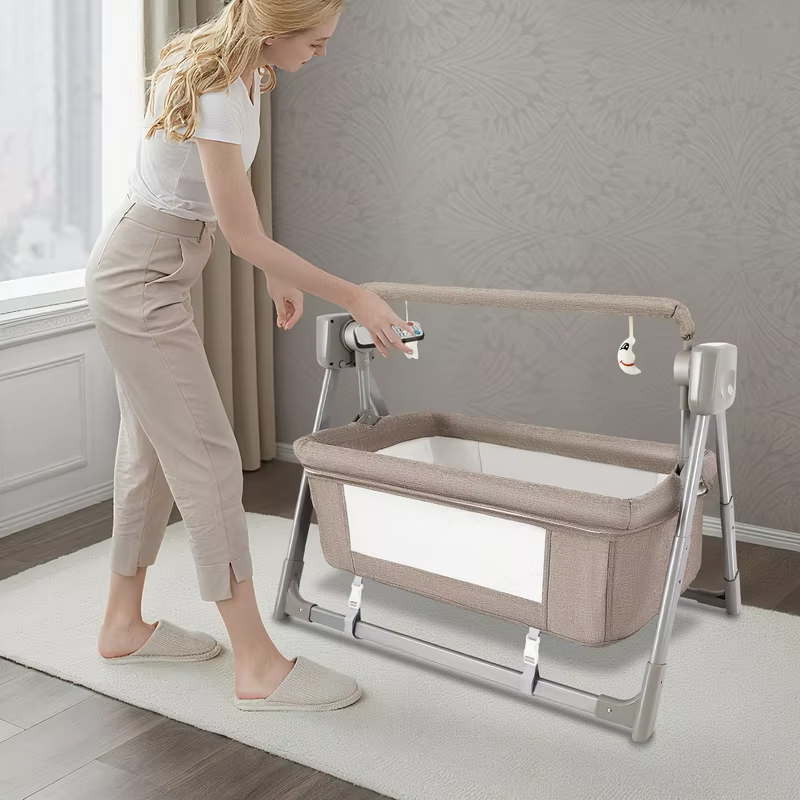 Baby Cradle Swing with Music, 5 Speed Electric Crib Auto Rocking Chair Bed, Foldable Baby Rocker for 0-36 Months, Khaki