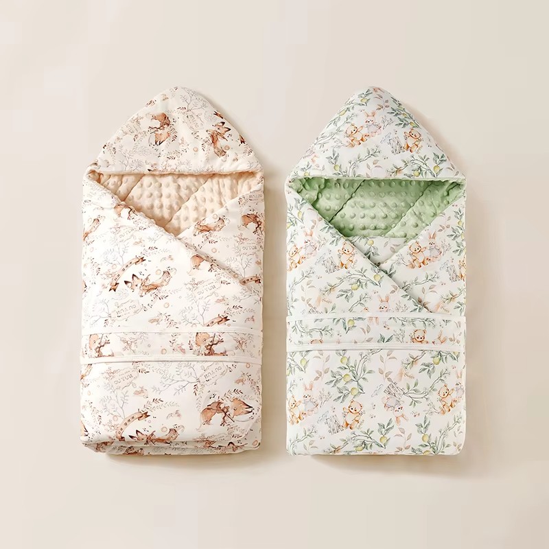 Newborn Baby Swaddle Blanket 90x90cm, Cotton Outer Warm Receiving Blanket, Thermoregulating Silk Blend Fill, Autumn Winter