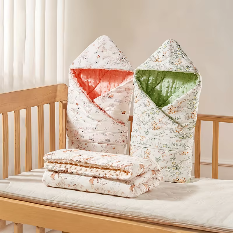 Newborn Baby Swaddle Blanket 90x90cm, Cotton Outer Warm Receiving Blanket, Thermoregulating Silk Blend Fill, Autumn Winter