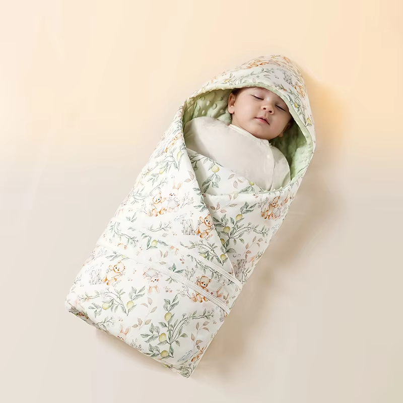 Newborn Baby Swaddle Blanket 90x90cm, Cotton Outer Warm Receiving Blanket, Thermoregulating Silk Blend Fill, Autumn Winter