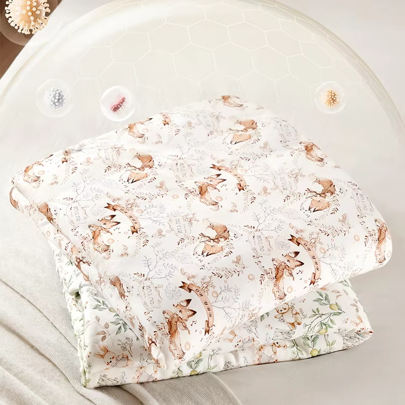 Newborn Baby Swaddle Blanket 90x90cm, Cotton Outer Warm Receiving Blanket, Thermoregulating Silk Blend Fill, Autumn Winter