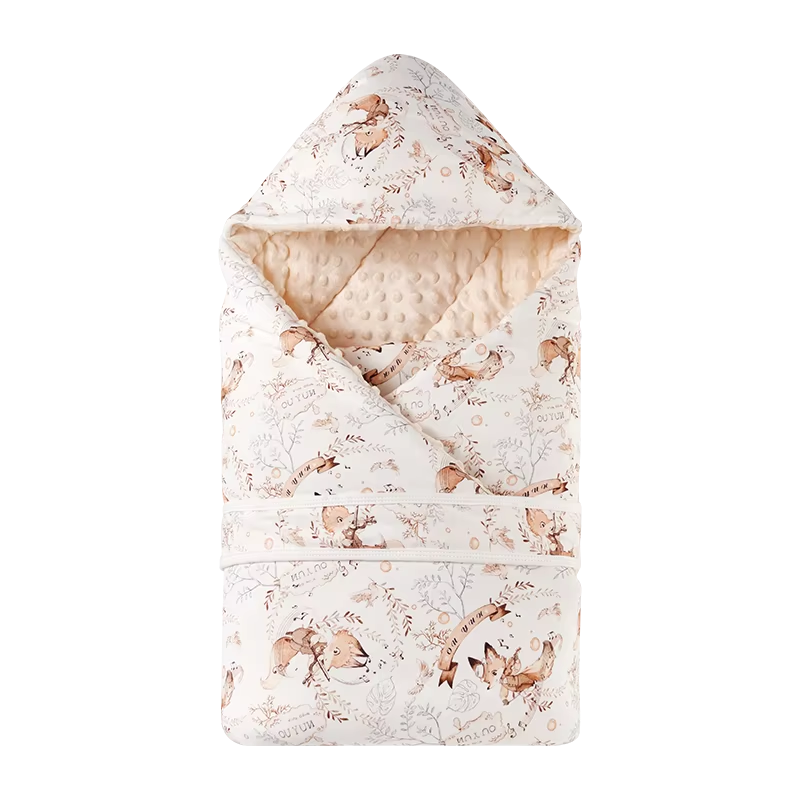 Newborn Baby Swaddle Blanket 90x90cm, Cotton Outer Warm Receiving Blanket, Thermoregulating Silk Blend Fill, Autumn Winter
