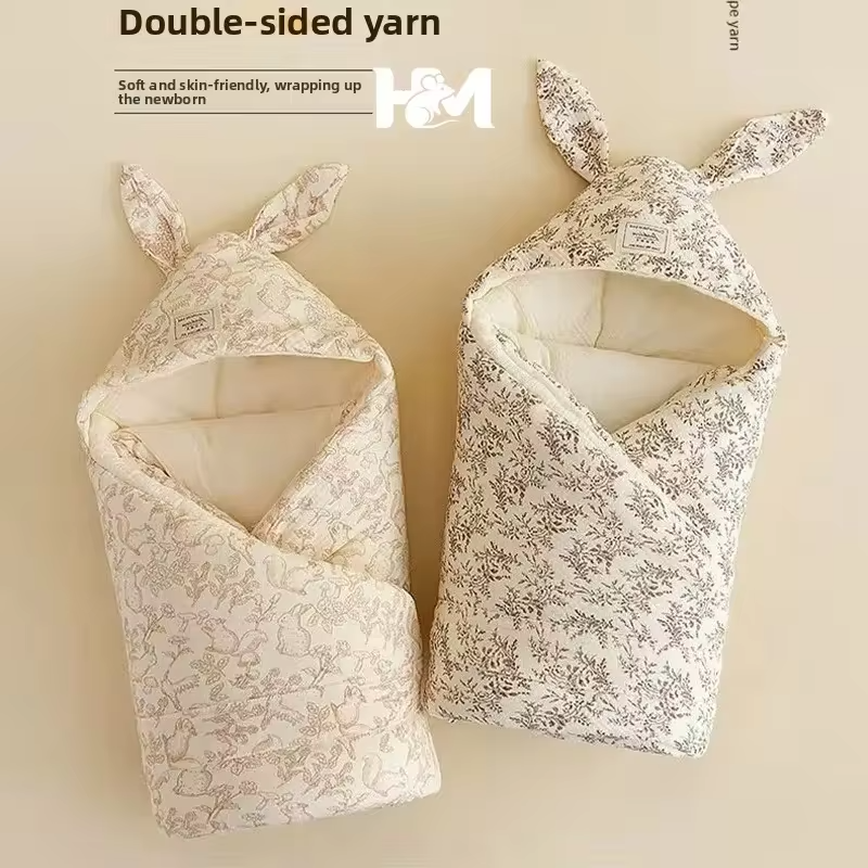 Crinkle Cotton Newborn Swaddle Blanket with Bunny Ears Quilted Hospital Delivery Wrap Extra Soft Thermal Baby Swaddling