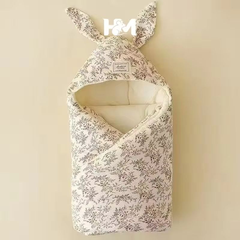 Crinkle Cotton Newborn Swaddle Blanket with Bunny Ears Quilted Hospital Delivery Wrap Extra Soft Thermal Baby Swaddling