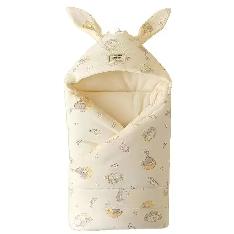Crinkle Cotton Newborn Swaddle Blanket with Bunny Ears Quilted Hospital Delivery Wrap Extra Soft Thermal Baby Swaddling