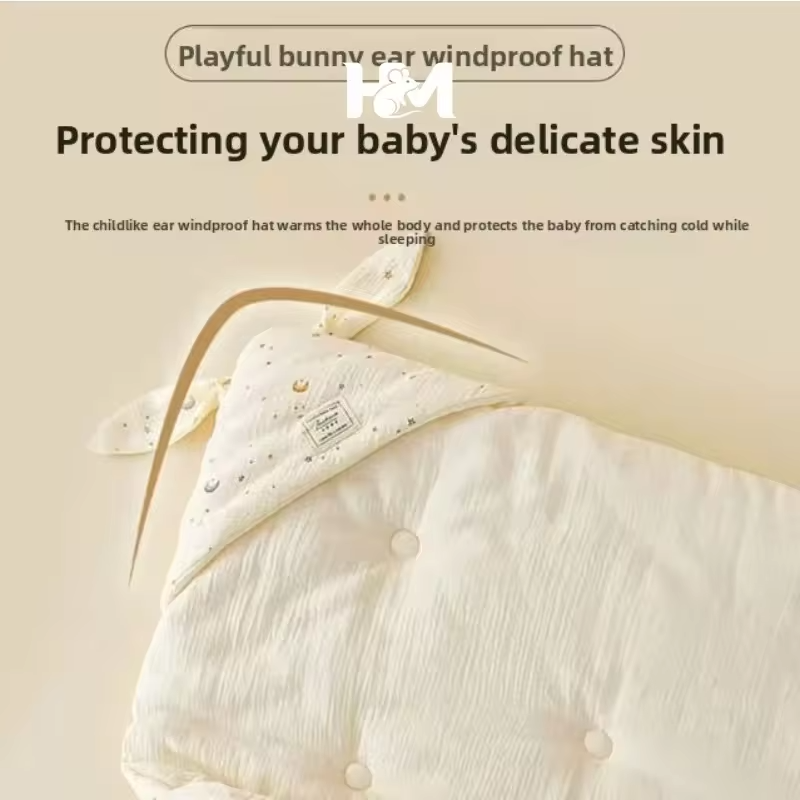 Crinkle Cotton Newborn Swaddle Blanket with Bunny Ears Quilted Hospital Delivery Wrap Extra Soft Thermal Baby Swaddling