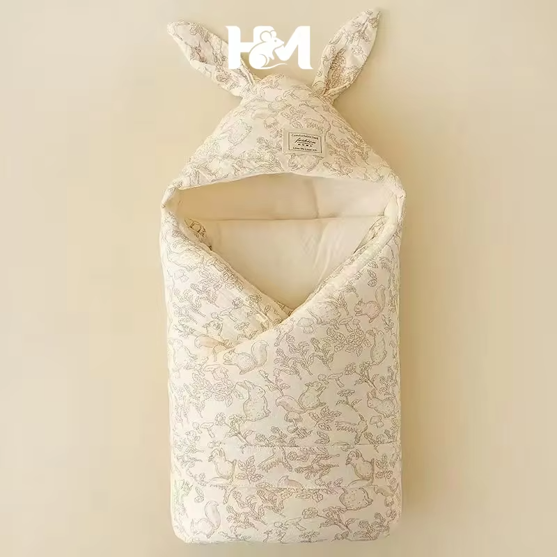 Crinkle Cotton Newborn Swaddle Blanket with Bunny Ears Quilted Hospital Delivery Wrap Extra Soft Thermal Baby Swaddling