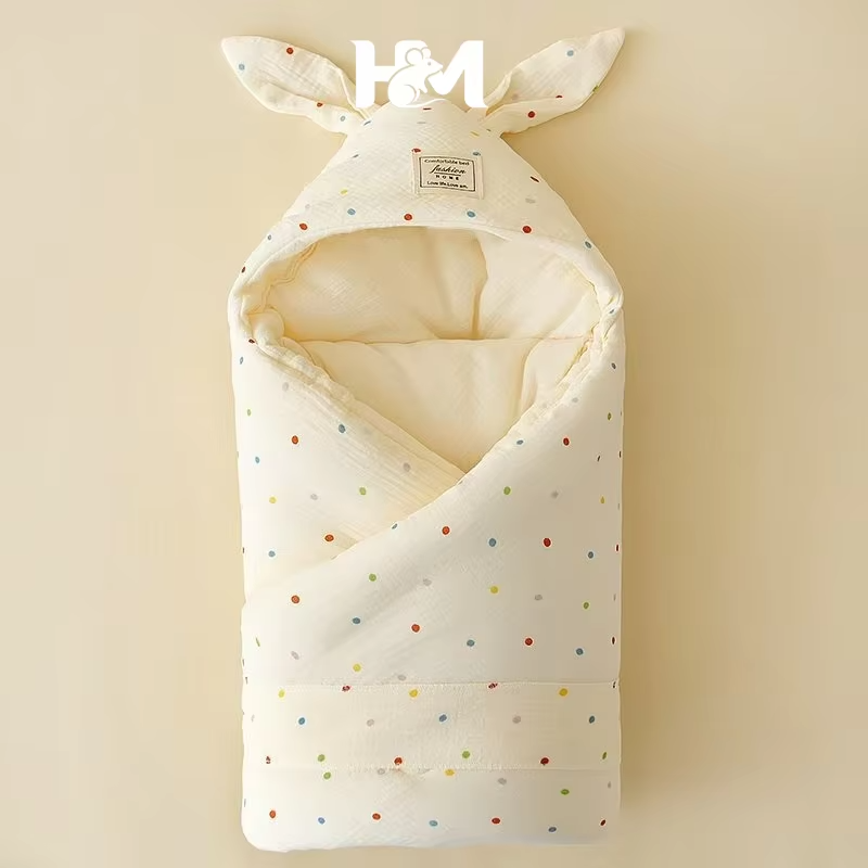 Crinkle Cotton Newborn Swaddle Blanket with Bunny Ears Quilted Hospital Delivery Wrap Extra Soft Thermal Baby Swaddling